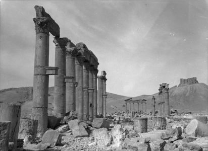 Palmyre/Tadmor, Grande colonnade. Château et façade du temple funéraire à l'arrière plan